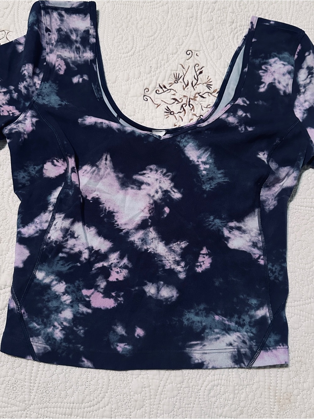 lululemon athletica Navy Tie-Dye Scoop Neck Crop Top with Lavender Accents
